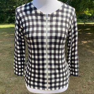 CONTEXT LORD TAYLOR SWEATER CARDIGAN BLACK WHITE CHECK ZIP FRONT SIZE M